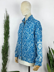 Cozy Yak Wool Blend Bomber Bolero Jacket | Warm Comfy Soft Winter Fashion Casual Party Wear | Boho Chic Paisley Floral Blue White Jacket - The Eastern Loom