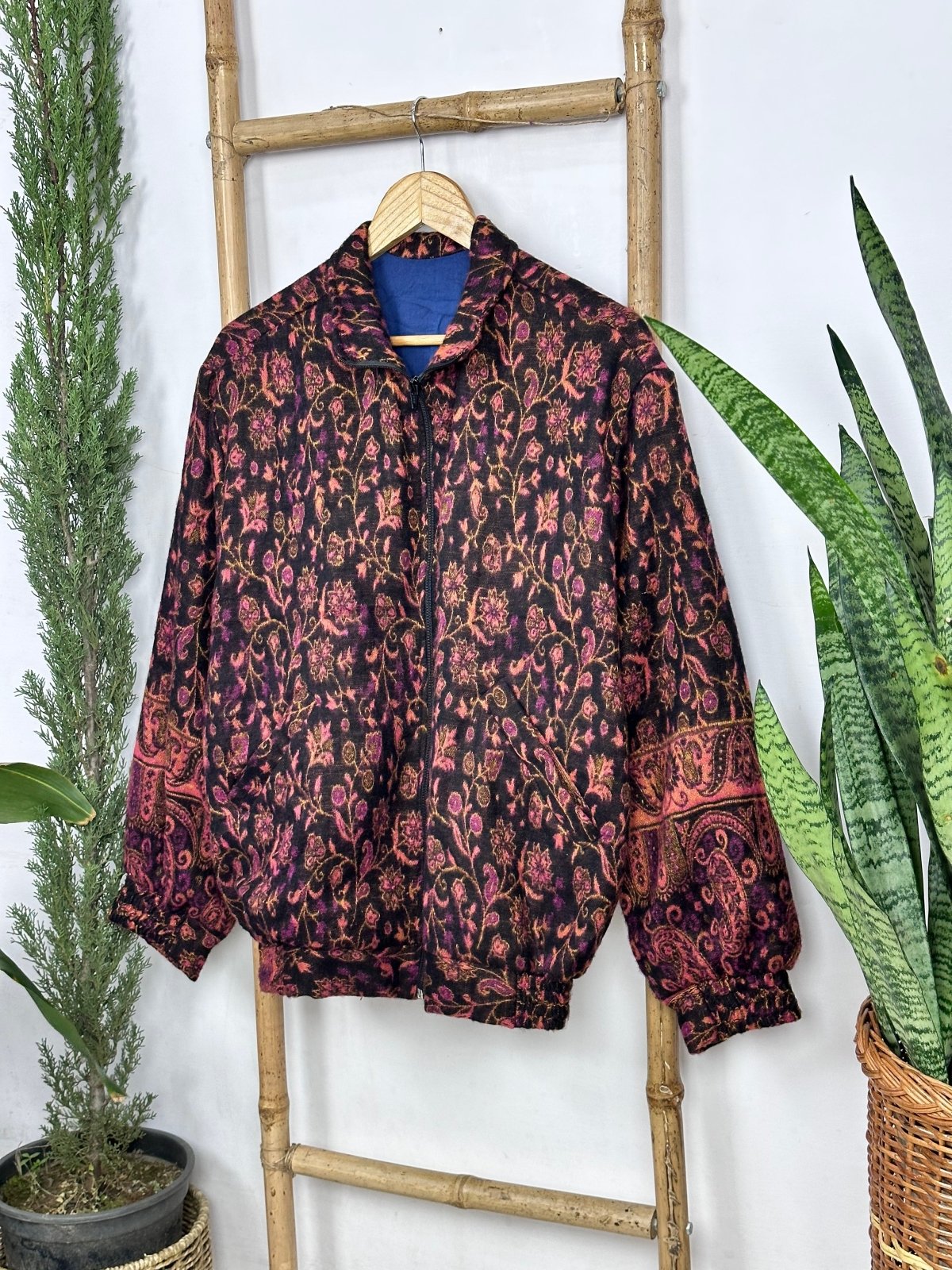 Cozy Yak Wool Blend Bomber Bolero Jacket | Warm Comfy Soft Winter Fashion Casual Party Wear | Boho Chic Paisley Floral Pink Hue Shade Jacket - The Eastern Loom