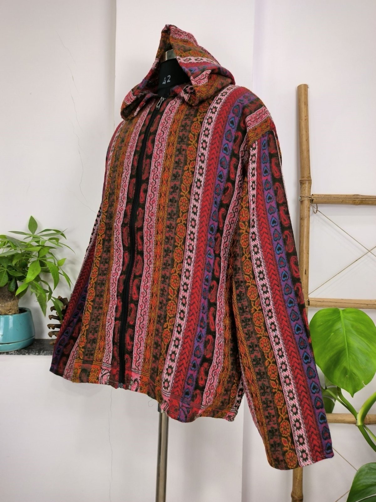 EARTH TONES Hippie Woolen Jacket Hoodie Handmade Boho - Red - The Eastern Loom