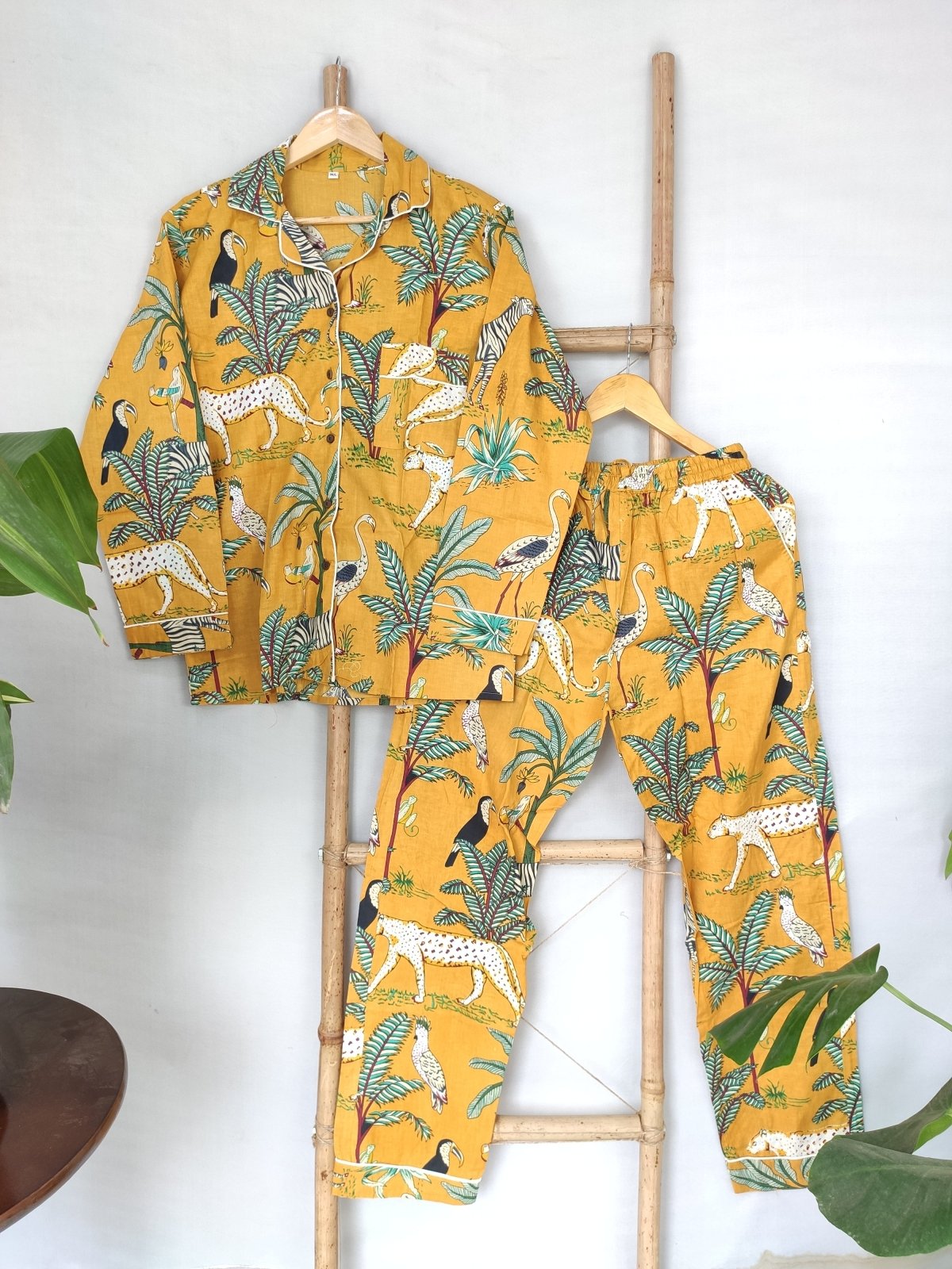 Hand Block Print Indian Soft Cotton PJ Set Loungewear Pastel Mustard Animal Print - The Eastern Loom