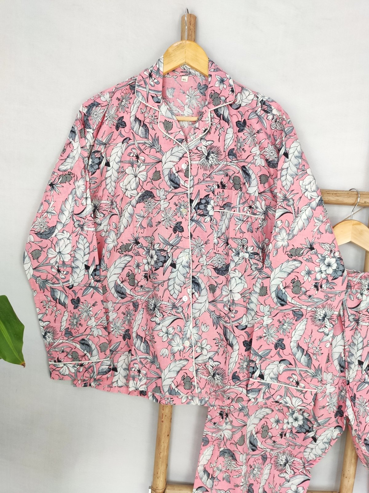 Hand Block Print Indian Soft Cotton PJ Set Loungewear Pastel Pink Floral - The Eastern Loom