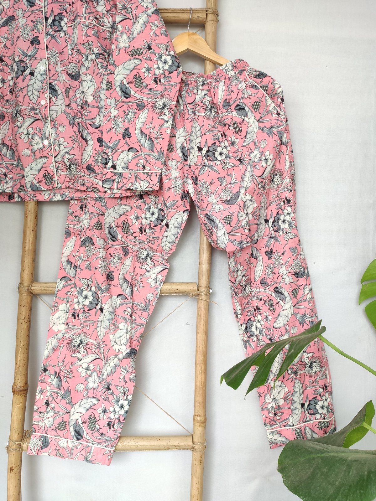 Hand Block Print Indian Soft Cotton PJ Set Loungewear Pastel Pink Floral - The Eastern Loom