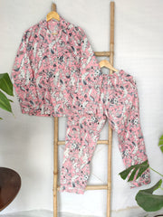 Hand Block Print Indian Soft Cotton PJ Set Loungewear Pastel Pink Floral - The Eastern Loom