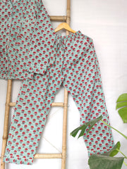 Hand Block Print Indian Soft Cotton PJ Set Loungewear Pastel Turquoise Flower Print - The Eastern Loom