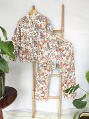 Hand Block Print Indian Soft Cotton PJ Set Loungewear Pastel White Floral - The Eastern Loom