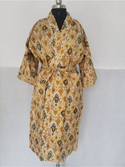 House Robe Summer Kimono Pure Cotton Ikat Indian Block Printed For Her | Anniversary Gift Beach Coverup/Comfy Maternity Mom | Beige Mustard - The Eastern Loom
