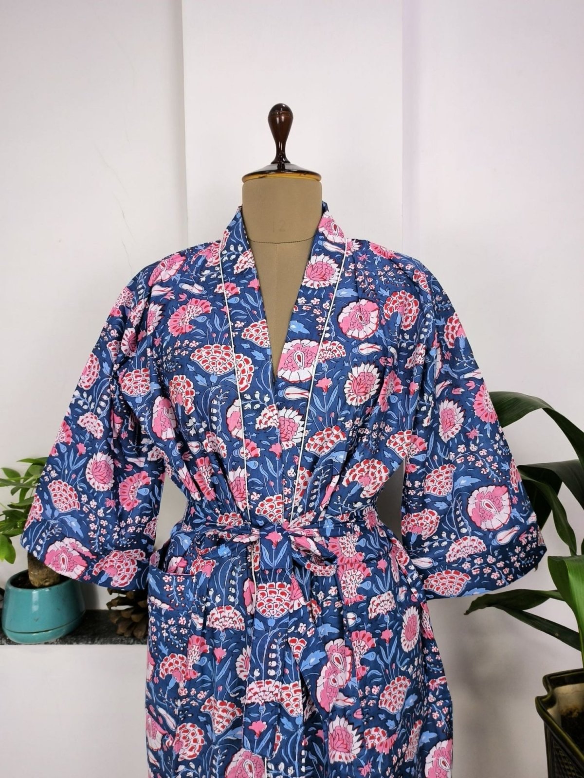 House Robe Summer Kimono Pure Cotton Indian Block Printed For Her | Anniversary Gift Beach Coverup/Comfy Maternity Mom | Blue Pink Florals - The Eastern Loom