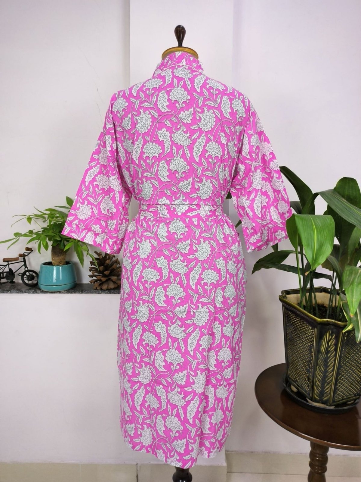 House Robe Summer Kimono Pure Cotton Indian Block Printed For Her | Anniversary Gift Beach Coverup/Comfy Maternity Mom | Pink White Florals - The Eastern Loom