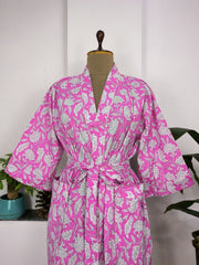 House Robe Summer Kimono Pure Cotton Indian Block Printed For Her | Anniversary Gift Beach Coverup/Comfy Maternity Mom | Pink White Florals - The Eastern Loom
