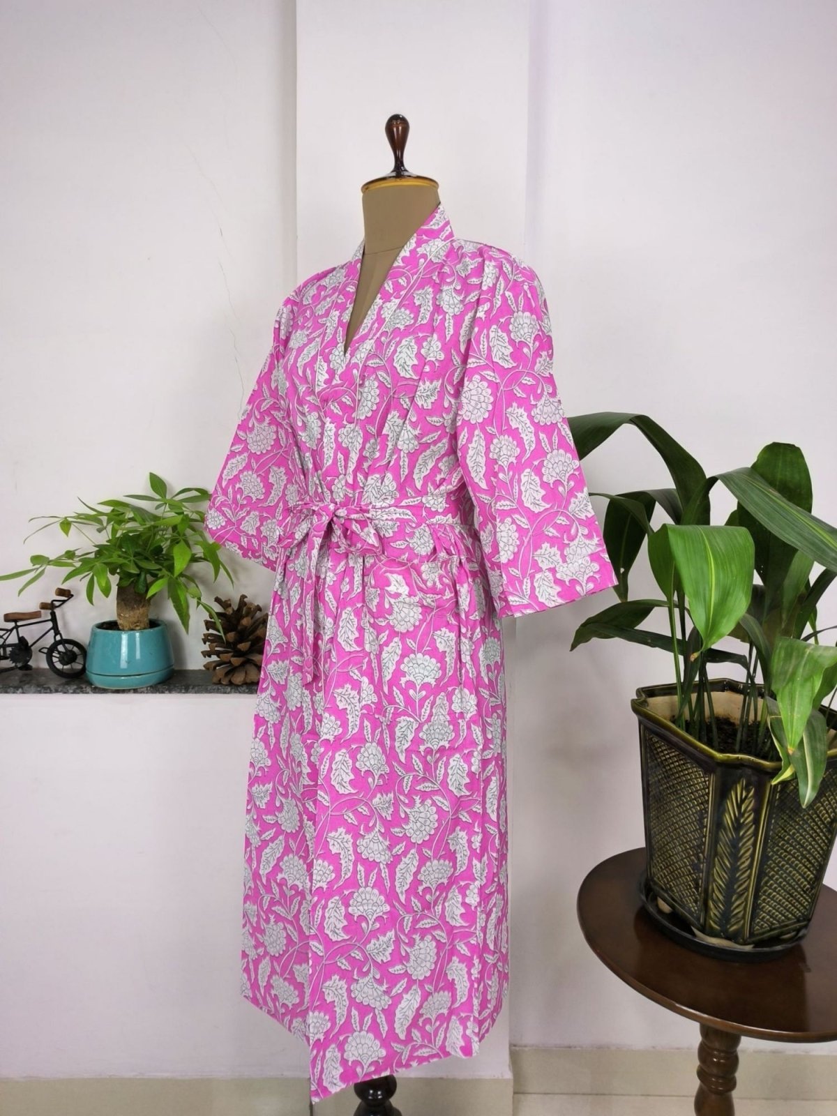 House Robe Summer Kimono Pure Cotton Indian Block Printed For Her | Anniversary Gift Beach Coverup/Comfy Maternity Mom | Pink White Florals - The Eastern Loom