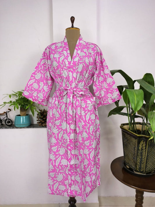 House Robe Summer Kimono Pure Cotton Indian Block Printed For Her | Anniversary Gift Beach Coverup/Comfy Maternity Mom | Pink White Florals - The Eastern Loom