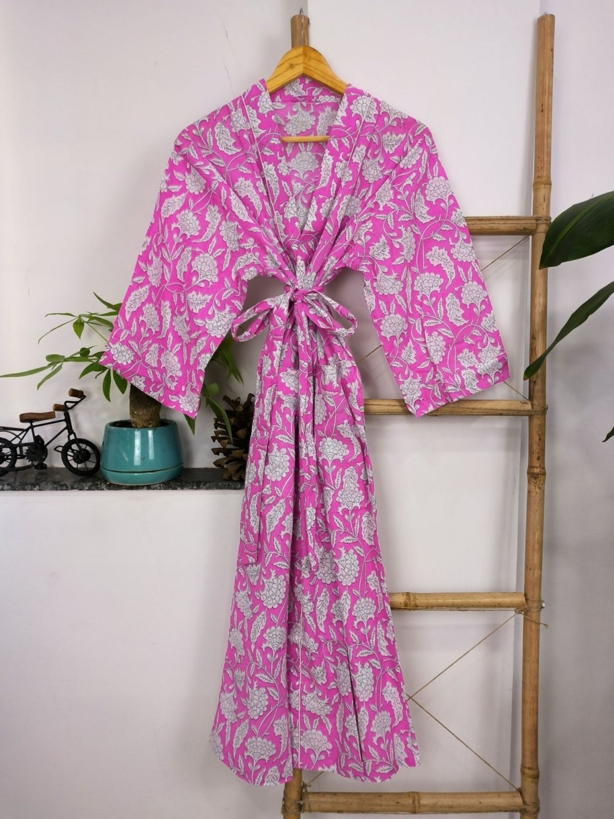 House Robe Summer Kimono Pure Cotton Indian Block Printed For Her | Anniversary Gift Beach Coverup/Comfy Maternity Mom | Pink White Florals - The Eastern Loom