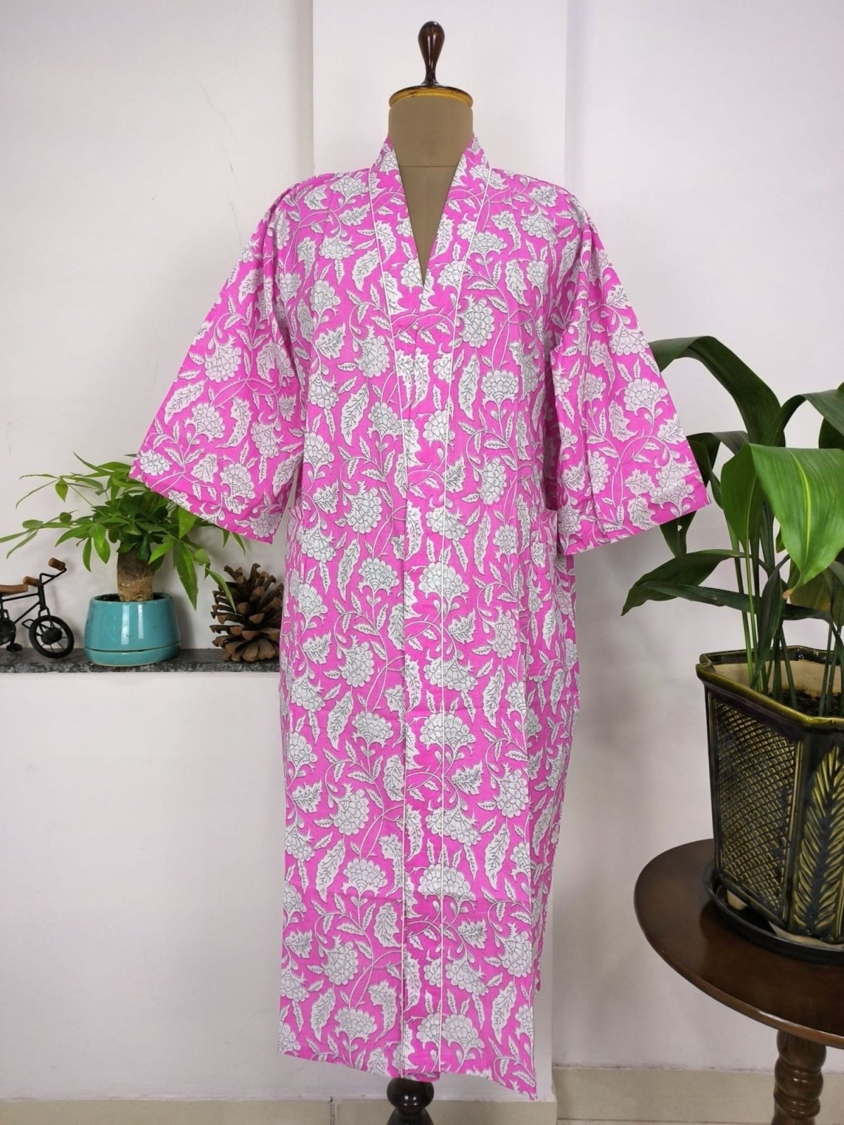 House Robe Summer Kimono Pure Cotton Indian Block Printed For Her | Anniversary Gift Beach Coverup/Comfy Maternity Mom | Pink White Florals - The Eastern Loom