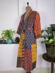 Kantha Pure Cotton Reversible Long Kimono Women Ajrakh Beach Holiday Wear - The Eastern Loom