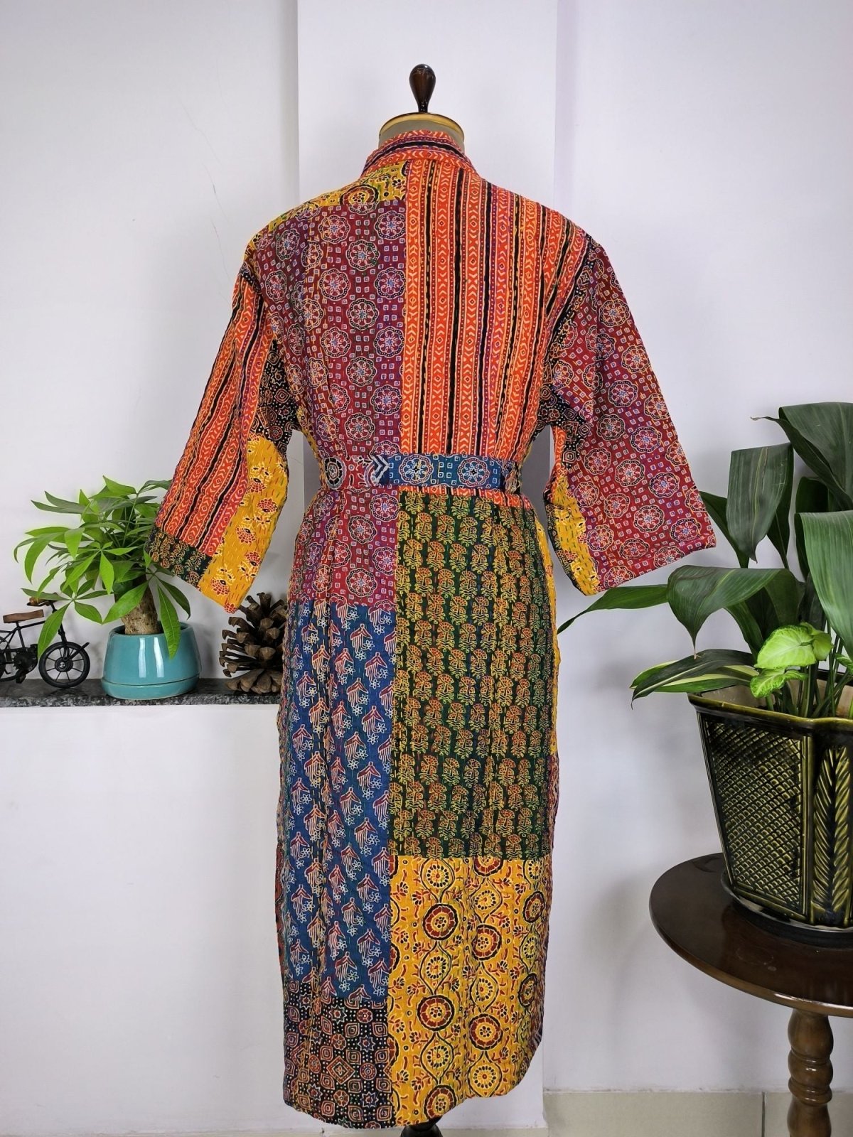 Kantha Pure Cotton Reversible Long Kimono Women Ajrakh Beach Holiday Wear - The Eastern Loom
