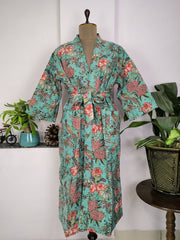 Kantha Pure Cotton Reversible Long Kimono Women Jacket Bird Print - The Eastern Loom