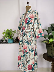 Kantha Pure Cotton Reversible Long Kimono Women Jacket Pastel White Pink Floral - The Eastern Loom
