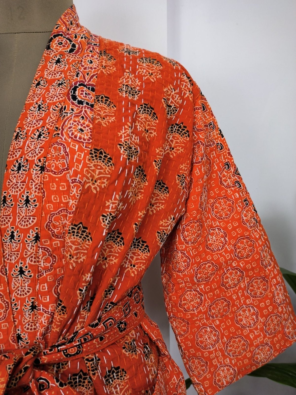 Kantha Pure Cotton Reversible Long Kimono Women Unique Ajrakh Orange Burst - The Eastern Loom
