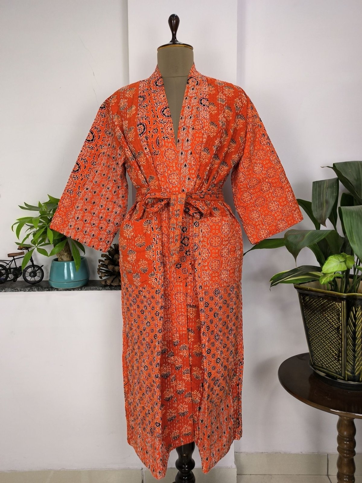 Kantha Pure Cotton Reversible Long Kimono Women Unique Ajrakh Orange Burst - The Eastern Loom