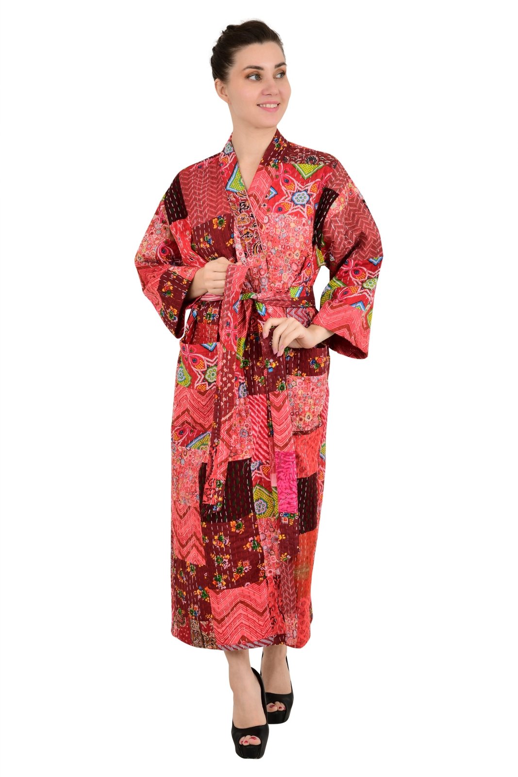 Kantha Pure Cotton Reversible Long Kimono Women Unique Patchwork Red Burst - The Eastern Loom
