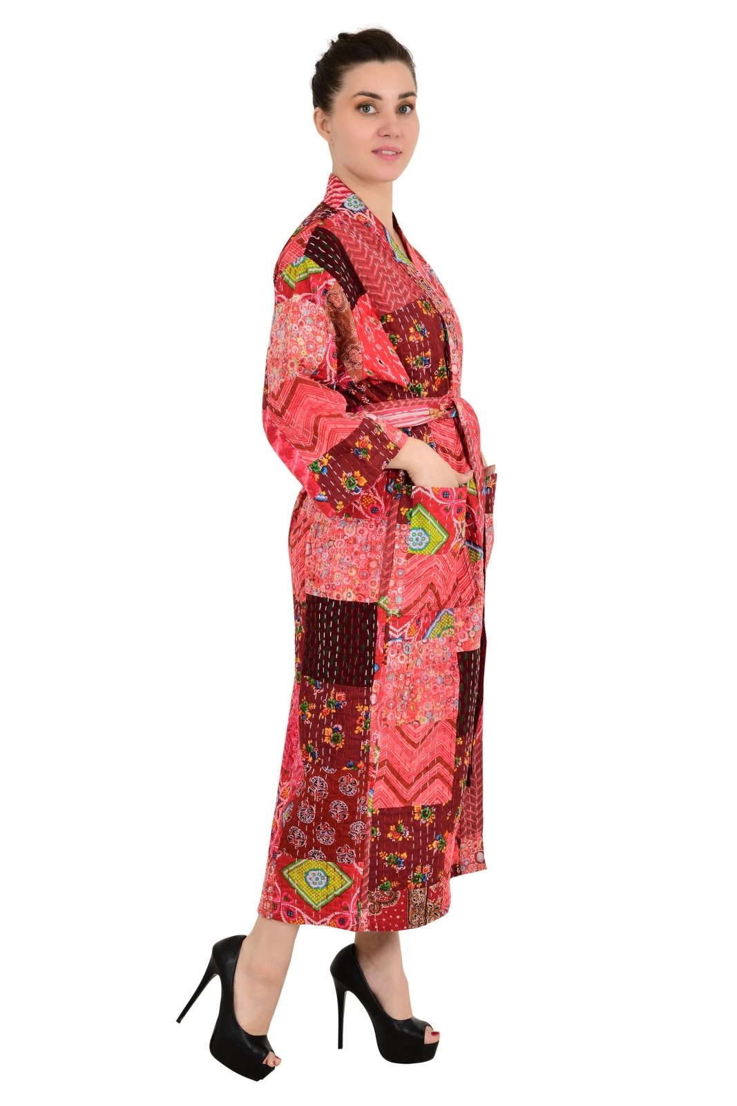 Kantha Pure Cotton Reversible Long Kimono Women Unique Patchwork Red Burst - The Eastern Loom