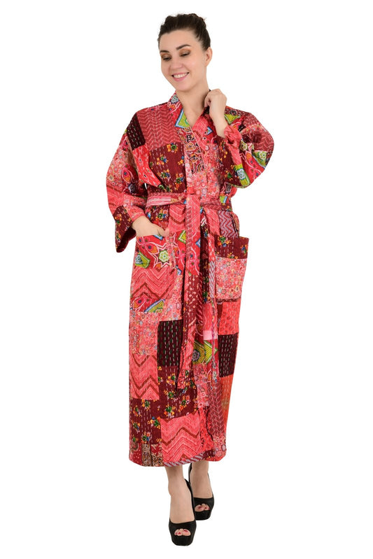 Kantha Pure Cotton Reversible Long Kimono Women Unique Patchwork Red Burst - The Eastern Loom