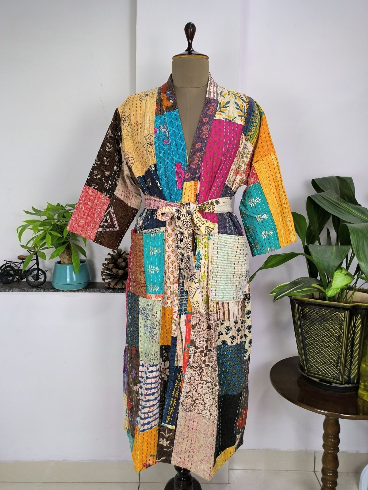 Kantha Pure Cotton Reversible Long Kimono Women Unique Patchwork Summer color - The Eastern Loom