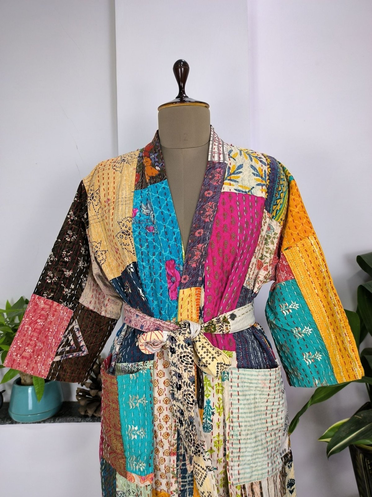 Kantha Pure Cotton Reversible Long Kimono Women Unique Patchwork Summer color - The Eastern Loom