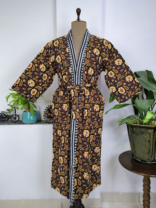 Kantha Quilted Pure Cotton Reversible Long Kimono Women Black Mustard Botanical Floral - The Eastern Loom