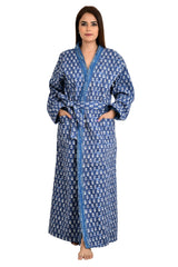 Kantha Quilted Pure Cotton Reversible Long Kimono Women Indigo Leaf Print Botanical - The Eastern Loom