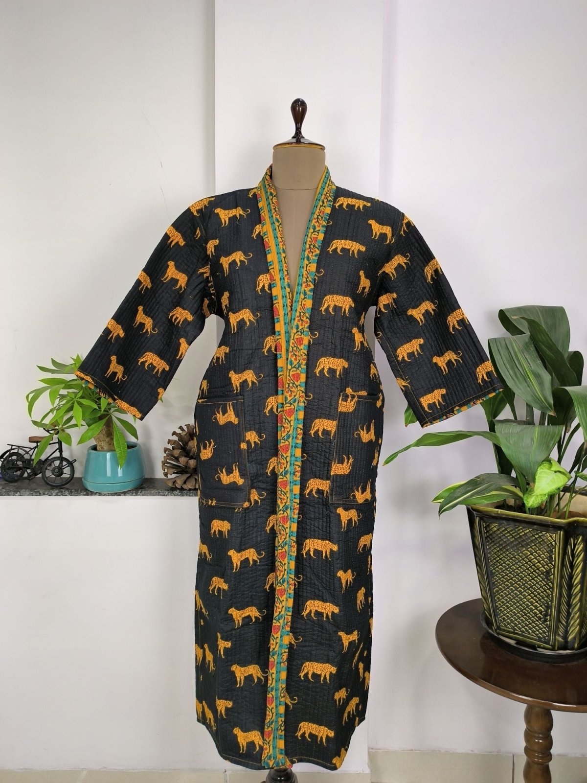 Kantha Quilted Pure Cotton Reversible Long Kimono Women Leopard Animal Print - The Eastern Loom