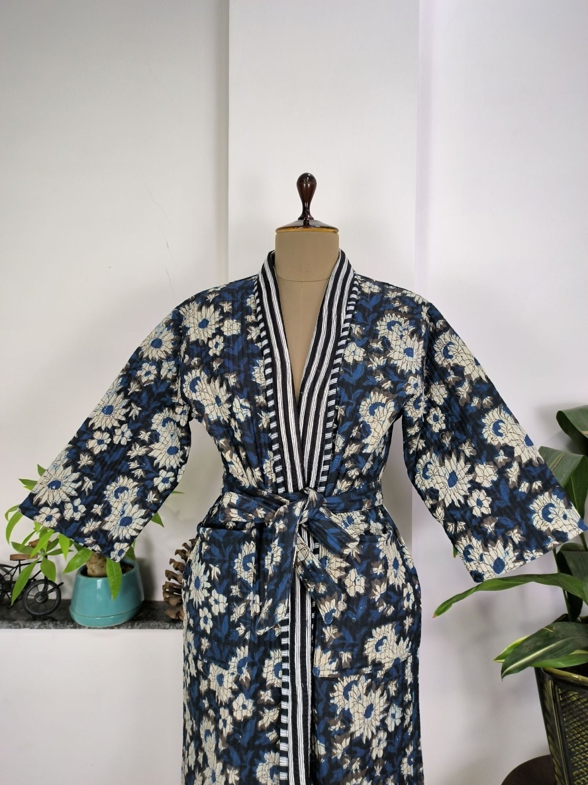 Kantha Quilted Pure Cotton Reversible Long Kimono Women Mid Night Floral Perfect of Winters - The Eastern Loom