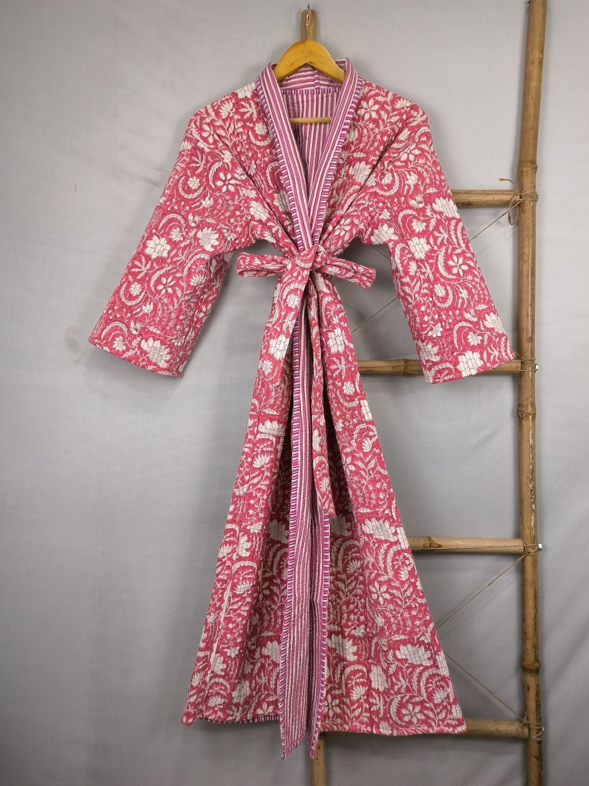 Kantha Quilted Pure Cotton Reversible Long Kimono Women White Pink Floral Blossom - The Eastern Loom