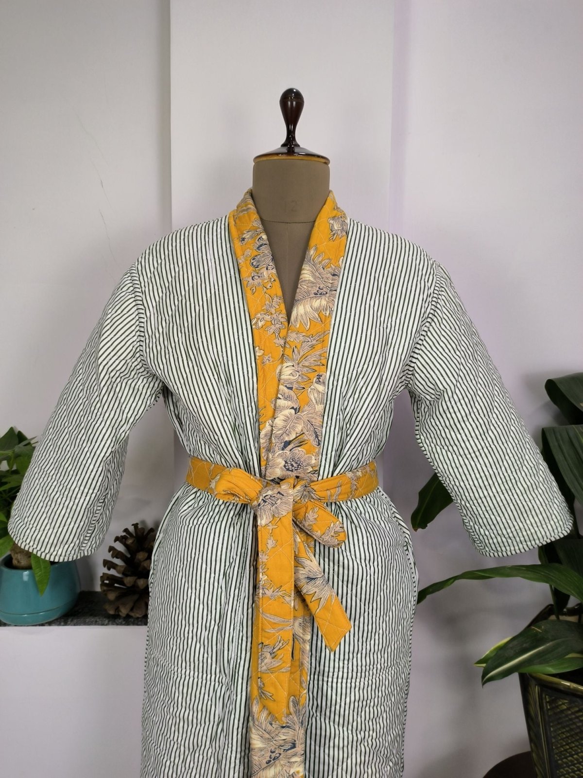 Kantha Quilted Pure Cotton Reversible Long Kimono Women Yellow Mustard Anthro Floral - The Eastern Loom