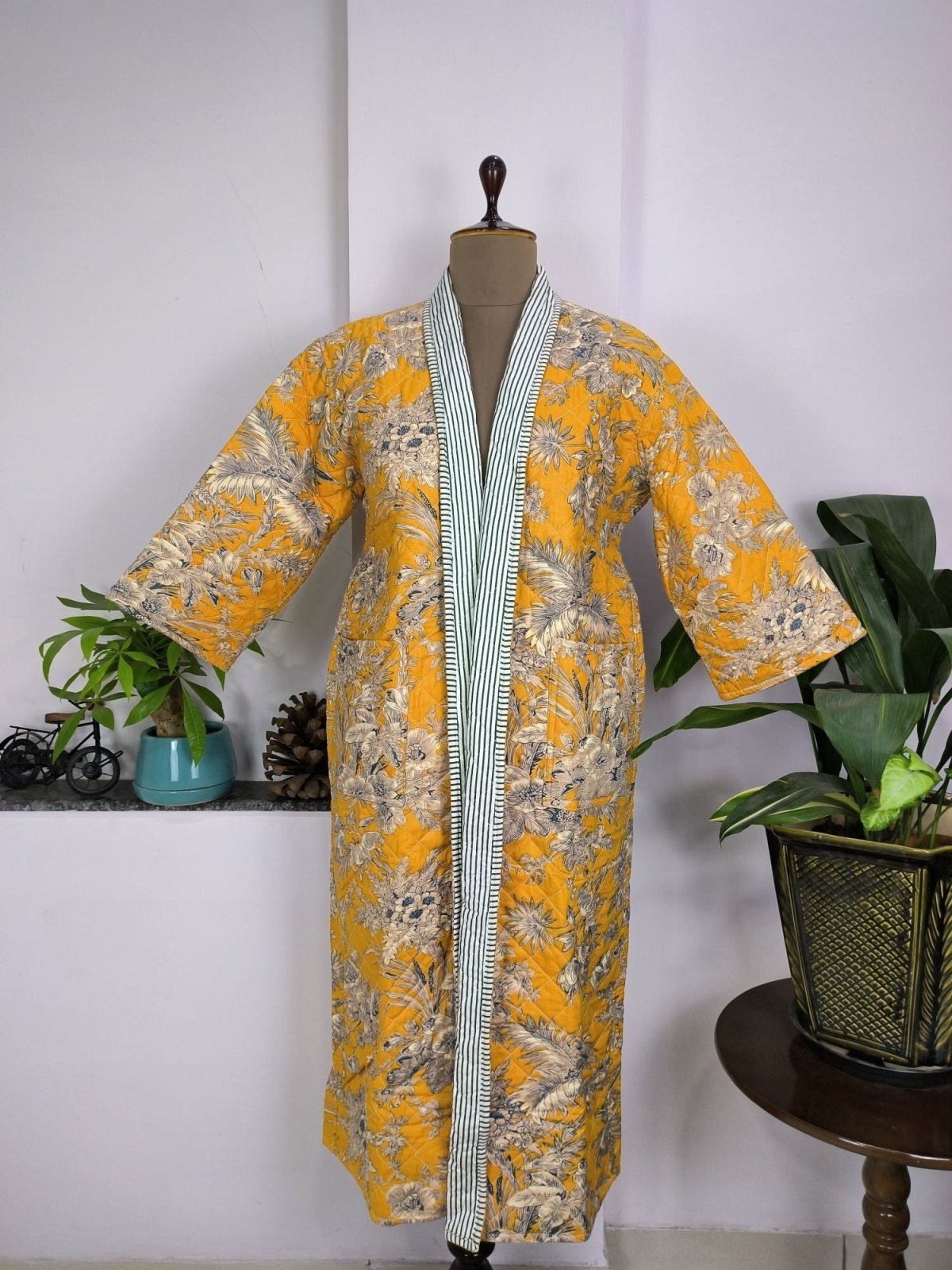 Kantha Quilted Pure Cotton Reversible Long Kimono Women Yellow Mustard Anthro Floral - The Eastern Loom