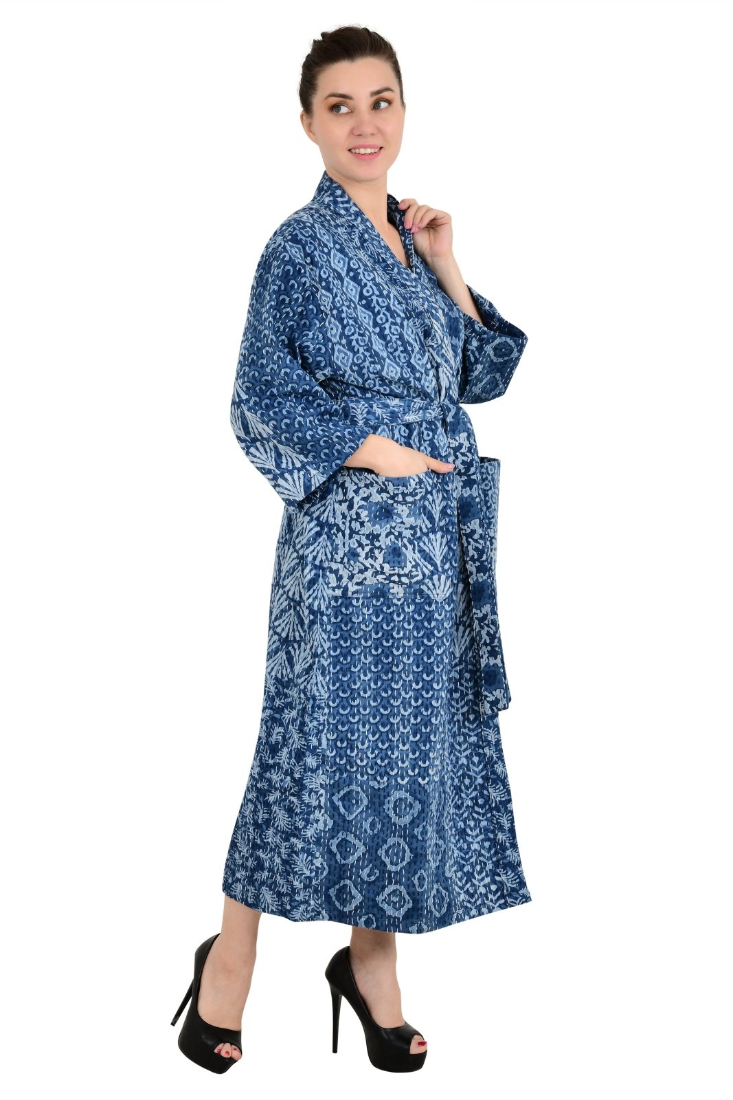 Kantha Stitch 100% Cotton Reversible Long Kimono Women Jacket | Handmade Men Robe | Unisex Gift | Elegant Blue Indigo White Floral - The Eastern Loom