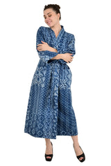 Kantha Stitch 100% Cotton Reversible Long Kimono Women Jacket | Handmade Men Robe | Unisex Gift | Elegant Blue Indigo White Floral - The Eastern Loom