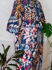 Kantha Stitch 100% Cotton Reversible Long Kimono Women Jacket | Handmade Men Robe | Unisex Gift | Elegant Garden Leaves Blue White - The Eastern Loom