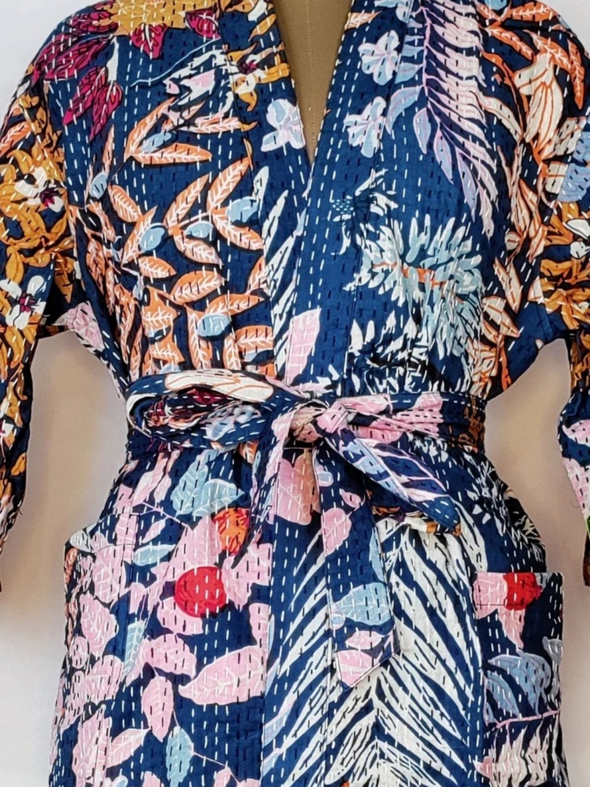 Kantha Stitch 100% Cotton Reversible Long Kimono Women Jacket | Handmade Men Robe | Unisex Gift | Elegant Garden Leaves Blue White - The Eastern Loom