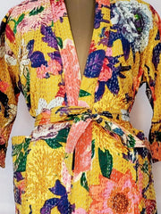 Kantha Stitch 100% Cotton Reversible Long Kimono Women Jacket | Handmade Men Robe | Unisex Gift | Elegant Yellow Colourful Floral - The Eastern Loom
