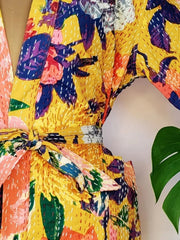 Kantha Stitch 100% Cotton Reversible Long Kimono Women Jacket | Handmade Men Robe | Unisex Gift | Elegant Yellow Colourful Floral - The Eastern Loom