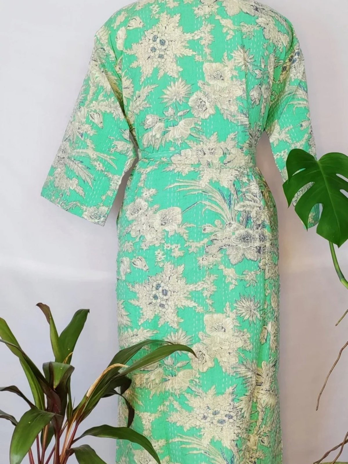 Kantha Stitch 100% Cotton Reversible Long Kimono Women Jacket | Handmade Men Robe | Unisex Gift | Regal Pistacho Color Anthro White Floral - The Eastern Loom