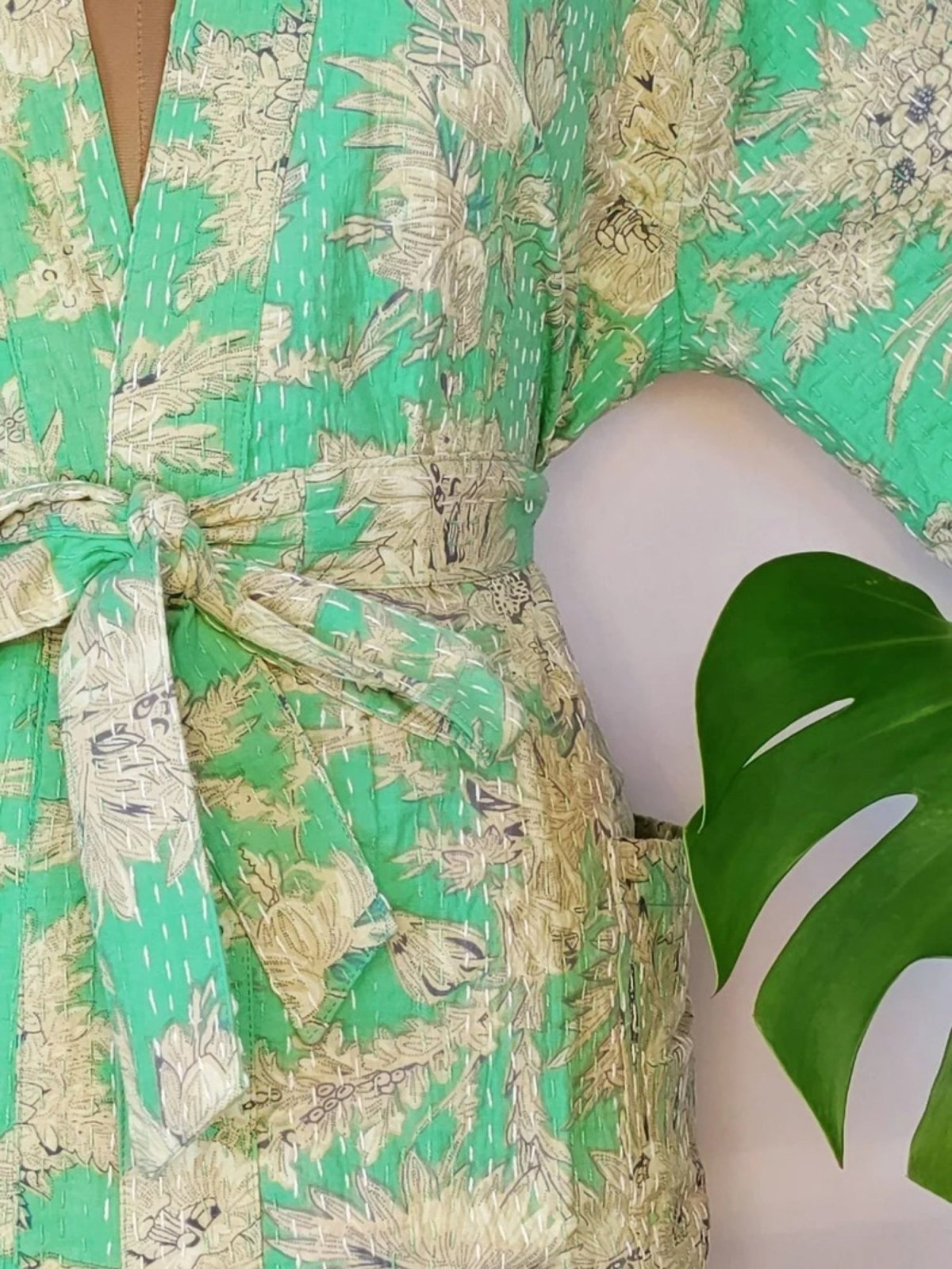 Kantha Stitch 100% Cotton Reversible Long Kimono Women Jacket | Handmade Men Robe | Unisex Gift | Regal Pistacho Color Anthro White Floral - The Eastern Loom