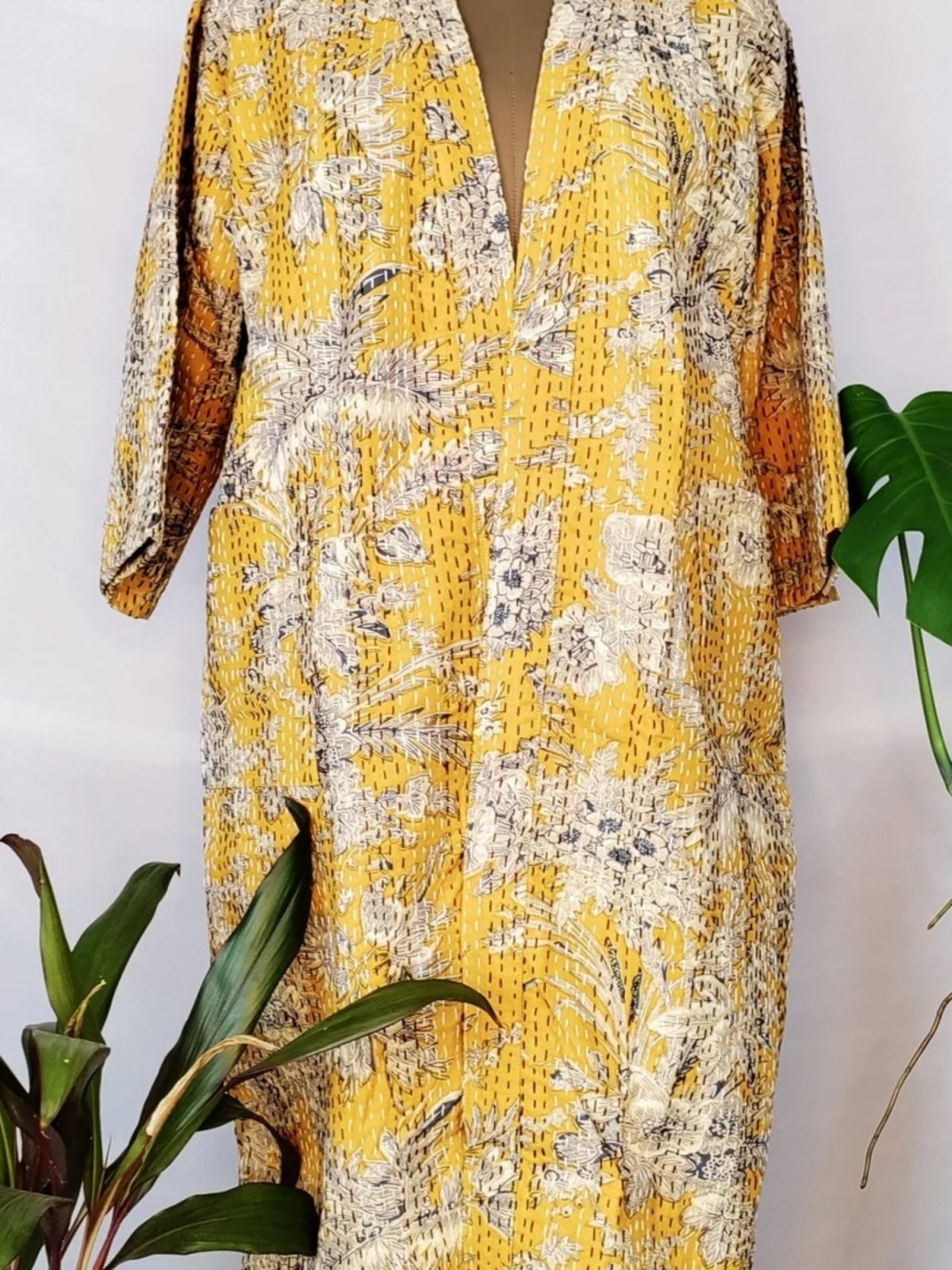 Kantha Stitch 100% Cotton Reversible Long Kimono Women Jacket | Handmade Men Robe | Unisex Gift | Regal Yellow Anthro White Floral - The Eastern Loom