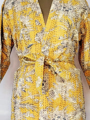 Kantha Stitch 100% Cotton Reversible Long Kimono Women Jacket | Handmade Men Robe | Unisex Gift | Regal Yellow Anthro White Floral - The Eastern Loom