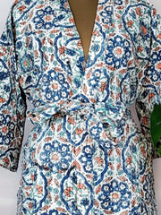 Kantha Stitch 100% Cotton Reversible Long Kimono Women Jacket | Handmade Men Robe | Unisex Gift | Royal Persian Neelamber Blue Peach - The Eastern Loom