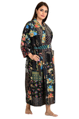 Kantha Stitch 100% Cotton Reversible Long Kimono Women Jacket | Handmade Stitch Robe | Unisex Gift | Black Patchwork Print - The Eastern Loom