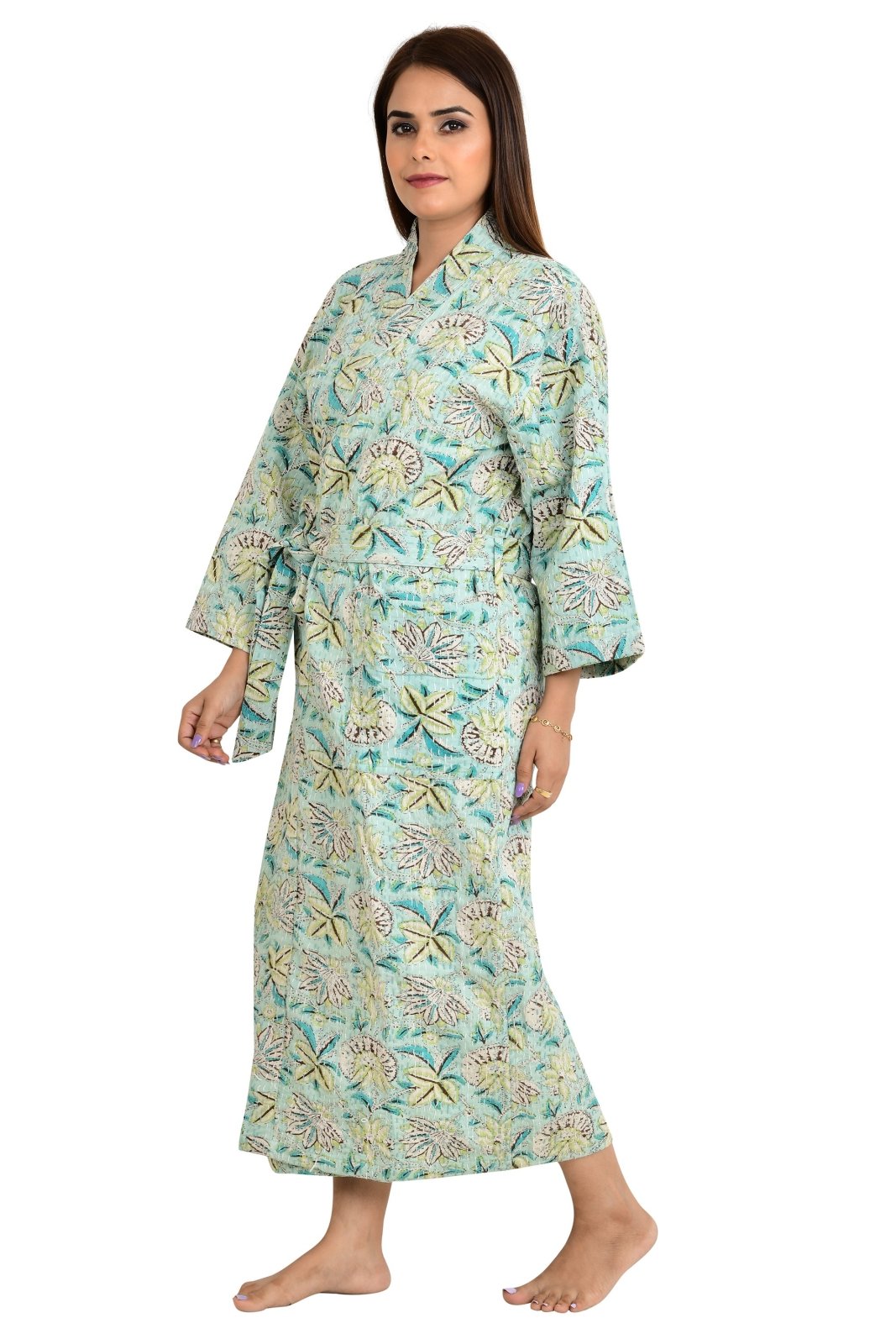 Kantha Stitch 100% Cotton Reversible Long Kimono Women Jacket | Handmade Stitch Robe | Unisex Gift | Green Brown Floral Print - The Eastern Loom