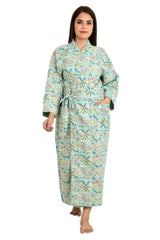 Kantha Stitch 100% Cotton Reversible Long Kimono Women Jacket | Handmade Stitch Robe | Unisex Gift | Green Brown Floral Print - The Eastern Loom