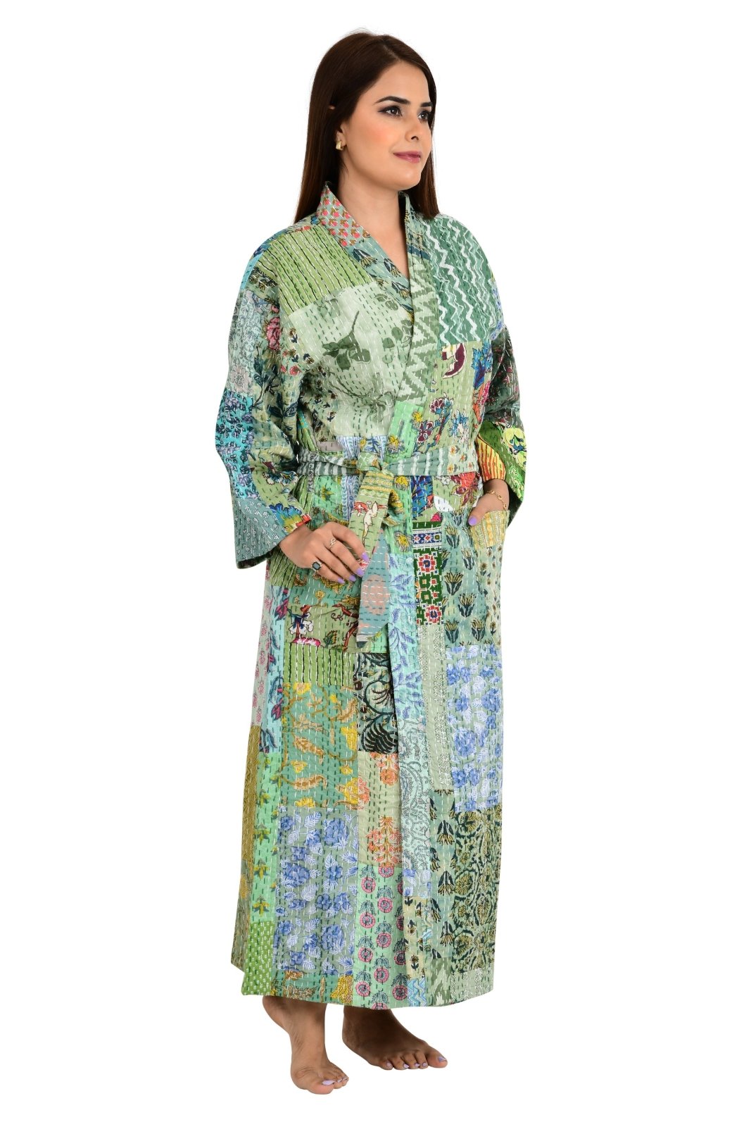 Kantha Stitch 100% Cotton Reversible Long Kimono Women Jacket | Handmade Stitch Robe | Unisex Gift | Green Tone Patchwork Print - The Eastern Loom